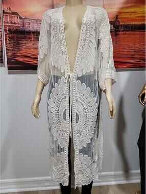 ASHA Boho Duster Festival Kimono Swim Cover Up Ivory Lace / One size NWT #CB9